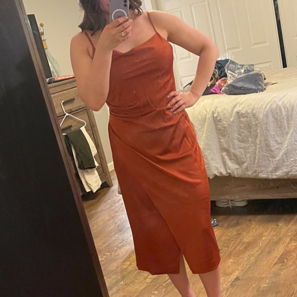 Hollywood Woman Bronze Satin Midi Dress